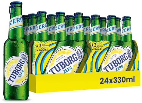 TUBORG Zero al Limone, Birra Analcolica al Limone, Bottiglia 33cl, Confezione da 24 Bottiglie