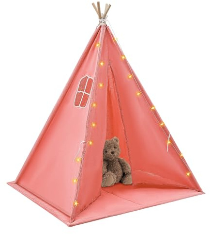 Tipi Tienda de campaña infantil de 120 x 120 x 140 cm – Tienda de campaña infantil de algodón con alfombrilla, luces de luces y estrellas luminosas, tienda de campaña plegable para interior y exterior