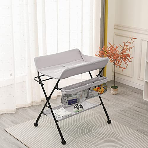 Portable Folding Baby Changing Table with Wheels, Grey