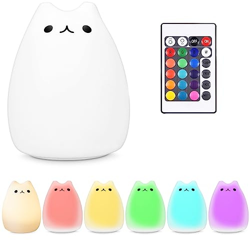 Navaris LED Nachtlicht Katze Design - Fernbedienung Micro USB Kabel - Süße RGB Farbwechsel Kinder Nachttischlampe - Kätzchen Schlummerlicht Weiß