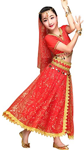 Belly Dance Costume Bollywood Dress - Halloween Chiffon Dance Outfit Costumes with Head Veil for Girls