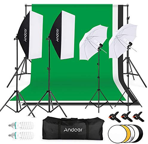 Andoer Kit de Fotografía, 2 Softbox 50x70cm, 2 Bombillas de 135W y 2 de 45W, 3 Fondo de Blanco, Negro, Verde, Sistema de Soporte de 2x3m para Retratos y Videos