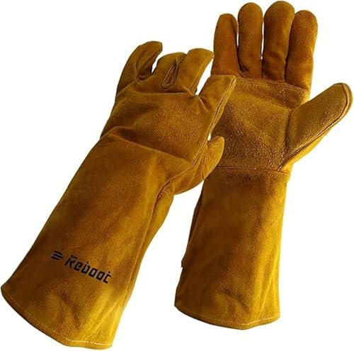 Reboot 16 Inch/40cm Extreme Heat Resistant Leather Gloves, 350℃ Fireproof Mitts for BBQ, Welding (TIG/MIG), Wood Stove, Oven, Baking, Pot Holder, Animal Handling | Unisex Free Size (Men/Women)