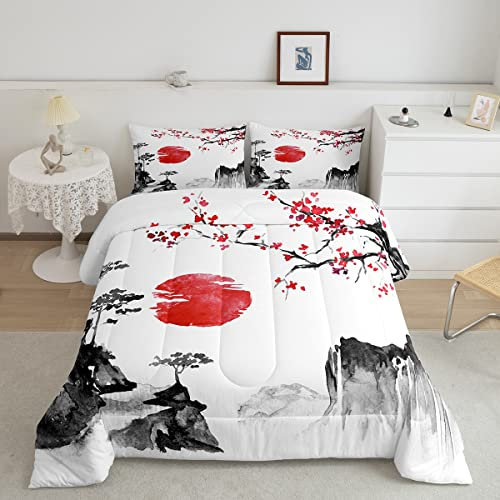 Loussiesd Japanische Ukiyoe Bettdecke 200x200cm Kirschblüten Rote Sonne Steppbett für Kinder Jungen Mädchen Tinte Japanischen Stil 4-Jahreszeiten Bettdecke Exotischer Stil Dekor mit 2 Kissenbezug