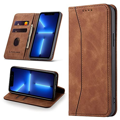 Leaisan Handyhülle für iPhone 13 Pro Max Hülle Premium Leder Flip Klappbare Stoßfeste Magnetische [Standfunktion] [Kartenfächern] Schutzhülle für iPhone 13 Pro Max 5G Tasche - Braun