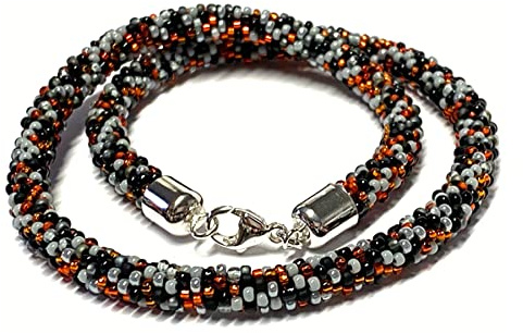 Kette gehäkelt Glasperlen 925 Silber Schließe Handarbeit Unikatschmuck Häkelkette 45cm schwarz orange grau