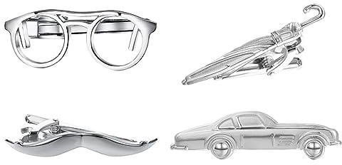 RunootPR 4Pcs Silver Tie Clips for Men Unique Glasses Beard Umbrella Car Tie Bar Set Personalized Holiday Birthday Jewelry