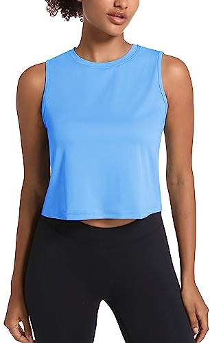 MAGCOMSEN Athletic Cropped Tops Women UPF 50+ Lightweight Workout Tank Tops Sleeveless T-Shirts Yoga Sports Running Blue M