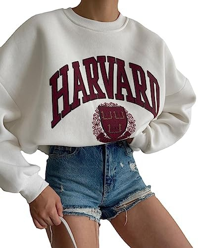 Vagbalena Maglia da Donna con Stampa di Lettere di Harvard Super David Abiti Gram Girocollo a Manica Lunga Casual Pullover Larga da Cento Top Felpa a Maniche Lunghe (Bianco,S)