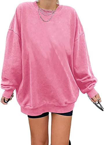 Sweatshirt dam Los Angeles tröja överdimensionerad långärmad tröja rund hals basic lösa toppar utan huva tonåring flickor vintage toppar skjortor, ROSA, L