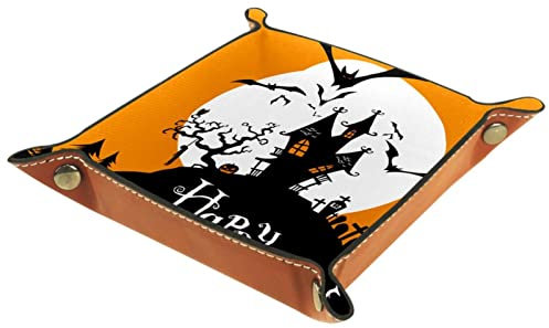 suojapuku Ledertablett,Leder Halloween-Mond-Kürbis-Fledermaus Tablett,Taschenleerer Tablett für Aufbewahrungsschlüssel-Münzen-Schmuckuhr