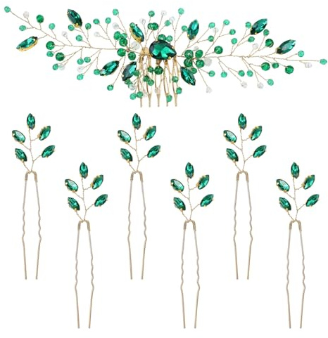inSowni Lot de 7 peignes à cheveux vintage en forme de U avec perles vertes émeraude et strass en forme de U pour mariée, demoiselles d'honneur, femmes et filles