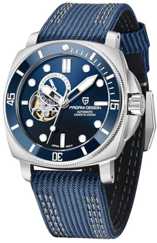 Pagani Design 1736 Automatik Tourbillon Mechanische Uhr Japan NH39 Saphirglas Lederband 200 Meter Taucheruhr Sport Herrenuhren（blau）