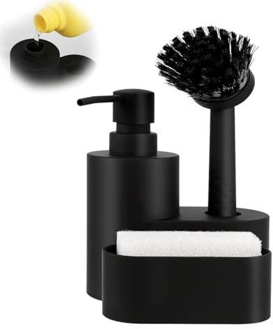 WAVATA SpüLbecken Organizer Schwarz, Spülmittelspender Küche mit SpüLschwäMme Und SpüLbüRste, KüChen Organizer seifenspender küche KüChe Aufbewahrung & Organisation, KüChengadget(12.5x11.5x22cm)