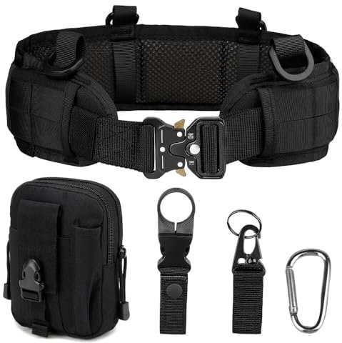 Gobesty Taktischer Gürtel mit Taschen, Nylon Militär Molle Gürtel, Schnellverschluss Metallschnalle Tactical Rigger Gürtel mit Wasserkocher-Schnalle, für Draussen Sportarten Camping, Schwarz