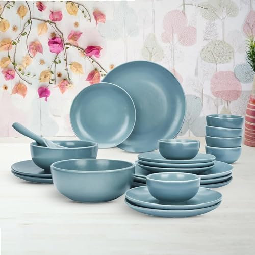 Ekhasa Vajilla de cerámica (21 piezas, apto para microondas, resistente a astillas, azul, embalaje resistente a los daños) | Servicio de mesa de cerámica | Servicio de mesa de cerámica | Servicio de