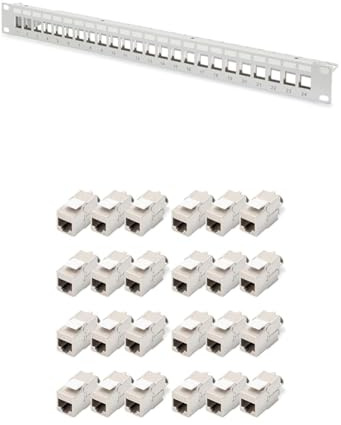DIGITUS Keystone-modul Cat-6A skärmad - 24 stycken - RJ45-jack - 500 MHz 10GBase-T - AWG 26-22 & DIGITUS Patchpanel - Modulär - För Keystone-moduler - 19 tum - 24 portar - Rackmontering 1U - V2 - Grå
