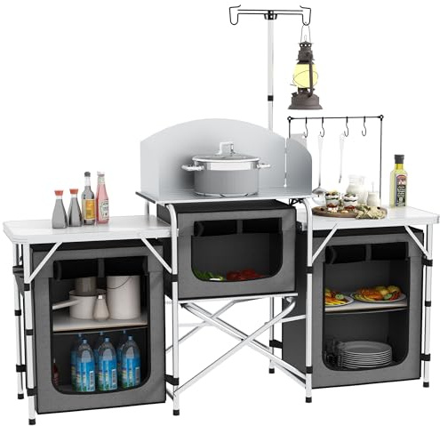 Outsunny Mueble Cocina Camping Armario Camping Plegable con Mesas Armarios Ganchos Estructura de Aluminio Poste de Luz Ajustable Paravientos y Bolsa de Transporte para Acampada 172x48x130 cm Gris