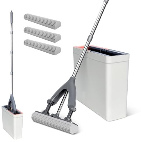 Wischmopp Set mit Eimer,Masthome Bodenwischer Set mit 3 Schwamm Wischkopfs,Schwamm Wischmopp für Schnelle Reinigung der Parkett Fliesen und Hartholzboden
