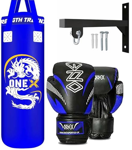 Punch Bag 3FT Heavy Duty Filled Boxing Bag Set Hanging Wall Bracket Punching Gloves MMA Kickboxing Training Muay Thai Karate BJJ Home Gym Fitness Equipment (Blue)