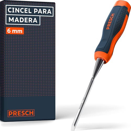 Presch Cincel para madera 6mm - Perfectamente afilado para uso inmediato - Profesional con ángulo de cuña de 25° - Robusta caperuza de impacto metálica - Mango ergonómico para un agarre seguro