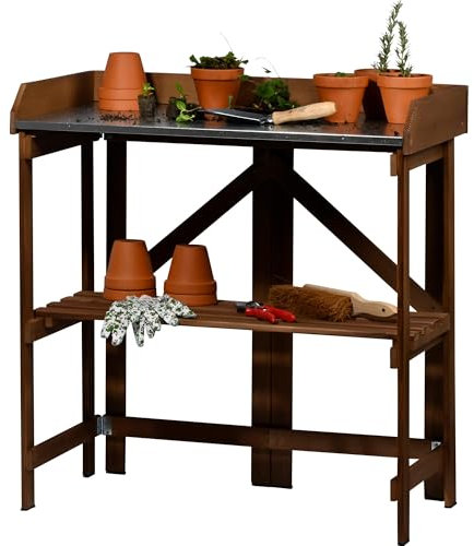 dobar® Klappbarer Pflanztisch aus Massivholz - Faltbarer Umtopftisch mit Zinkplatte - Blumentisch für Garten/Terrasse/Balkon - 85 x 44 x 89 cm - Dunkelbraun
