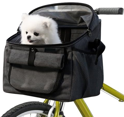 Dog Bike Basket Carrier, Foldable Soft-Sided Pet Carrier Backpack with Mesh Windows, Pet Travel Bag,Dog Backpack Carrier Safe and Easy for Small Medium Cats and Dogs (Grey)