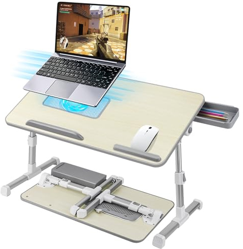 AirOpen Table de Lit pour Ordinateur Portable, Pliable, Réglable en Hauteur et Angle, Plateau de Lit avec Tiroir/Refroidisseur PC Portable, Table pour Canapé/Sol (53 x 30 cm, Beige)