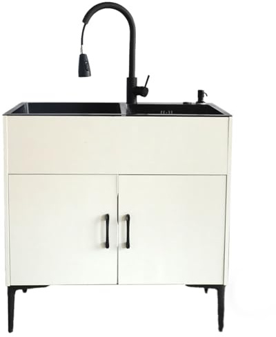 Évier De Service Noir/Blanc À Double Fente, Meuble De Salle De Bain Avec Lavabo, Évier De Cuisine Professionnel Pour Restaurant, Ensemble De Meubles Muraux Avec Étagères -White Pull-out-75*41cm