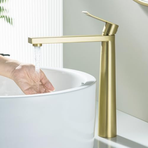 BAITUJIE Grifo de lavabo alto, color dorado cepillado, de gran altura, grifo mezclador para lavabo alto, monomando cuadrado, monobloque