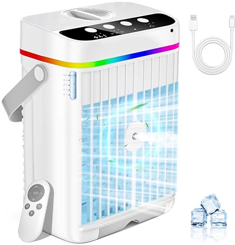 Mobile Klimaanlage, 4 in 1 Mini Klimaanlage mit Kühlen Nebel, Klimaanlage Mobil, Kimagerät Ohne Abluftschlauch, Klimaanlage Mobil Mini mit 3 Stufen & 7 Farben Nachtlicht für Zuhause/Büro