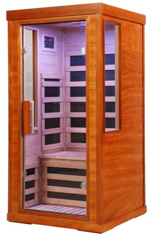 Sauna de infrarrojos lejanos para 1 y 2 personas, sauna interior de madera de cicuta con puerta frontal de vidrio transparente, terapia de luz de 6 y 7 colores, calentadores de carbono de baja EMF