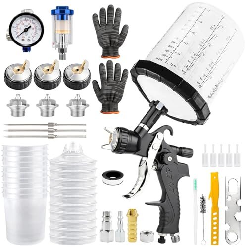 LVLP Air Spray Gun Kit with 650ml Mixing Cup &10x Disposable Cups, 1.3/1.7/2.0mm Nozzles Automotive Paint Guns Sprayer for Painting Cars, Furniture, Fence, Varnish & Top Coat