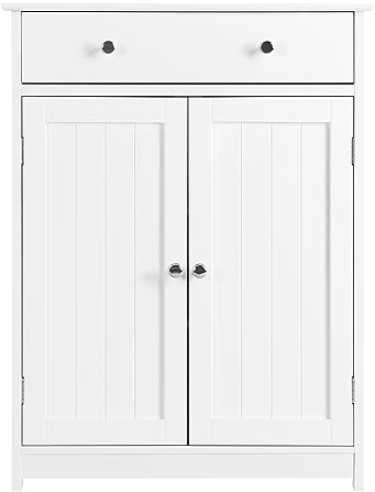 Yaheetech Armadietto da Bagno Autoportante, Mobile da Terra con Ripiano Regolabile Bianco, 80 x 60 x 30 cm, Mobiletto in Legno con 2 Ante e Cassetto, Armadio da Ingresso Portaoggetti