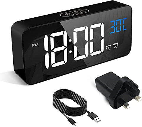 HERMIC Alarm Clock, Digital Clock USB Rechargeable with Temperature Display, Snooze, Dual Alarms for Bedroom, Bedside, Office& Travel(Adapter Included) (Black)