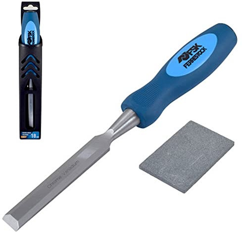 Ferrestock FSKFMG008 Formón para madera fabricado en acero al cromo vanadio, mango engomado bimaterial, 8mm de ancho, cantos biselados, funda de transporte y piedra de afilado