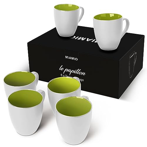 MIAMIO - 6x 350 ml Kaffeebecher Set – Moderne Kaffeetassen aus Keramik in Weiß-Grün – Große Kaffeetassen für Kaffee, Tee und Cappuccino – Spülmaschinen- und mikrowellengeeignet
