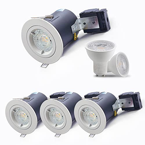 4XSweier 90 Minute Fire Rated LED Recessed Ceiling Lights IP20 GU10 LED Downlights, White Spotlight Fittings with 5W 3000K Warm White Bulbs 230V(Non-Dimmable)