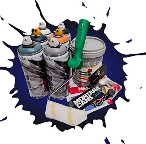 PROGAL COLORS NBQ GRAFFITI MATE SPRAY PAINT KIT (6 x 400 ml + PINTURA AZUL profundo 0,75 L + 6 boquillas y varilla rodillo de 11 cm + pegatinas MONTANA CANS) SPRAY POSIBILIDAD DE ELECCIÓN DE COLORES