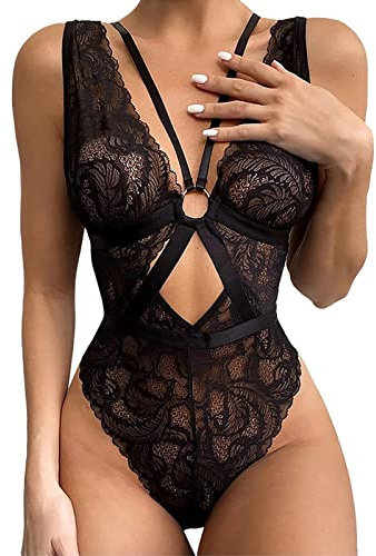 Body sexy en dentelle pour femme - Lingerie coquine en maille ajourée type babydoll - Col en V - Bretelles croisées - Vêtement de nuit à découpes taille - Combinaison une pièce - Sous-vêtements