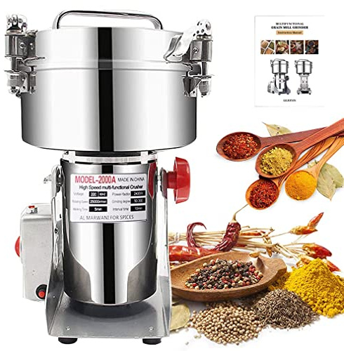 2000g Electric Grain Grinder Spice Grain Mill Stainless Steel 30s 28000RPM High Speedy Grinding with Overload Protection& 5min Timer Mill for Dry Spice Herbs/Nut/Coffee/Rice