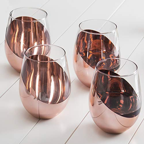 Modern Stemless Wine Glass Set of 4, White or Red Wine Glasses with Copper Metallic Bottom Angled Design (Rose Gold)