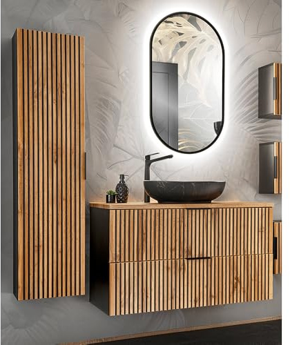 Lomadox Badmöbel Set mit Waschtisch 100 cm, Aufsatzwaschbecken, Badschrank, LED Spiegel in anthrazit mit Eiche Nb. schwarz gerillt, B/H/T: ca. 150/200/46,5 cm