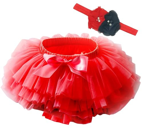 Beganly Gonna per Bambina con Volant di Tulle Morbido e Soffice con Copertura per Pannolino Set da Principessa per Bambine con Gonna a Sbuffo e Fascia Floreale, Colore: rosso, 6-12 Mesi