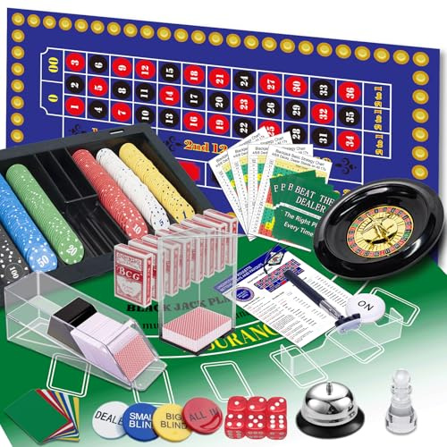5 in 1 Super Casino Game Set: Blackjack/Roulette/Craps/Texas Hold'em/Poker Kit con Scarpa Carte+Vassoio Carta Discard+360 Chip+8 Deck Card+Roulette Wheel+2 Felt+Stratedgy Card+Chip Rake, Casino Poker