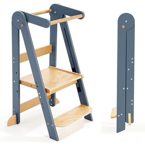Foldable Toddler Tower Preassembled Kitchen Stool Helper, Folding Tower for Learning with 3 Adjustable Heights Montessori Toddler Standing Tower Kids Collapsible Wooden Step Stool, Light Gray