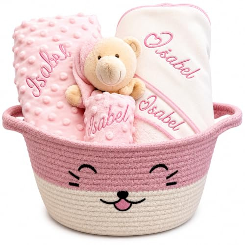 Canastilla Bebé Personalizada con Nombre – Set Regalo Recién Nacido con Manta, Dou Dou, Babero y Toalla | Algodón Suave | Cesta Rosa Gatito