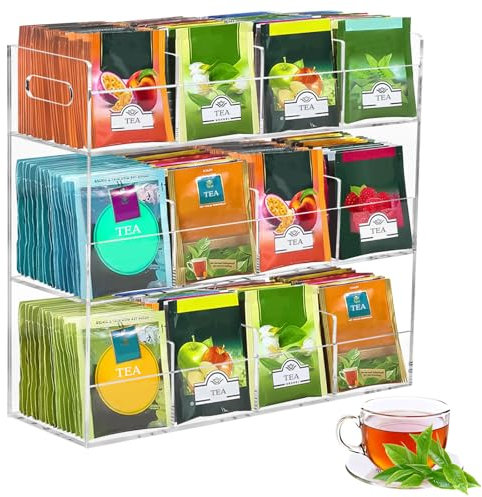 3 Tier Tea Bag Holder, Acrylic Teabag Storage Box for 216 Tea Packets 12 Compartments Tea Bag Organiser Vertical Tea Caddy Tea Organizer for Kitchen Countertops Cabinets Coffee Sugar Packets Storage