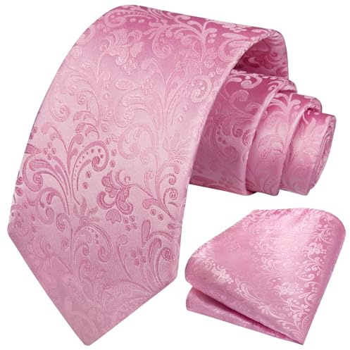 HISDERN Cravate Homme de Mariage et Mouchoir de Poche Motif Floral, Rose
