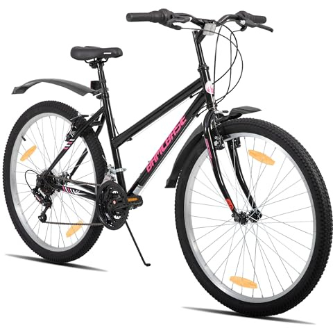 Hiland 26 pollici, mountain bike da donna, per ragazze e donne, 18 marce, mountain bike, con freno a V anteriore e posteriore, robusto telaio in acciaio, colore nero